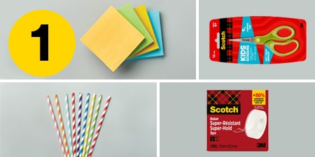 Paso 1 - suministros que necesita: Notas Post-it®, tijeras para niños Scotch™, cinta Scotch® Super-Hold y pajitas de papel
