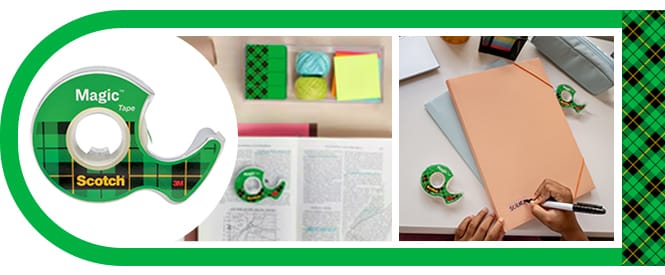 Cinta Scotch® Magic™ y ejemplos de uso - reparación de páginas de libros rasgadas y creación de etiquetas
