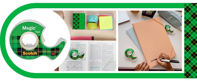 Cinta Scotch® Magic™ y ejemplos de uso - reparación de páginas de libros rasgadas y creación de etiquetas
