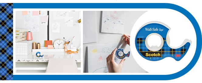 Cinta Scotch® Wall-Safe y ejemplos de uso - cubrir paredes con arte infantil y notas de revisión
