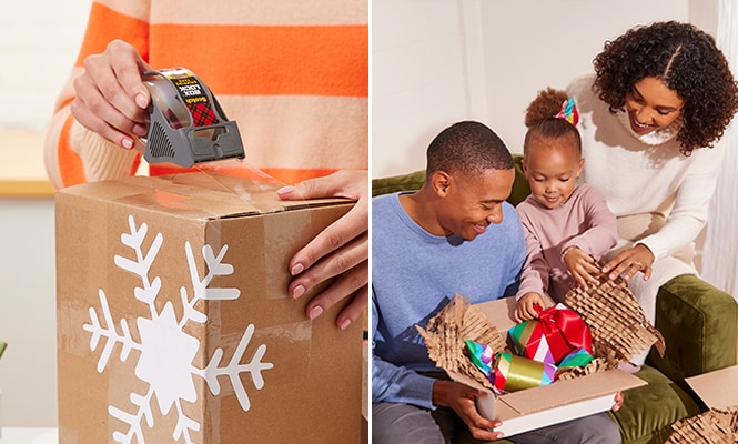 Sellar un paquete navideño con Cinta Box Lock™ Scotch® en el lado izquierdo y una escena que representa la experiencia de desempaquetado en el lado derecho de la imagen
