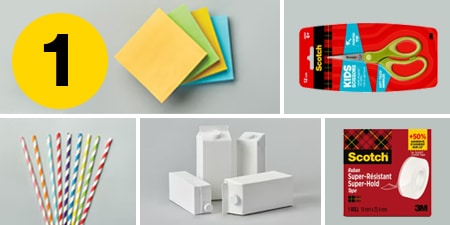 Paso 1 - suministros que necesita: Notas Post-it®, tijeras para niños Scotch™, cinta Scotch® Super-Hold, cartones de leche y pajitas de papel
